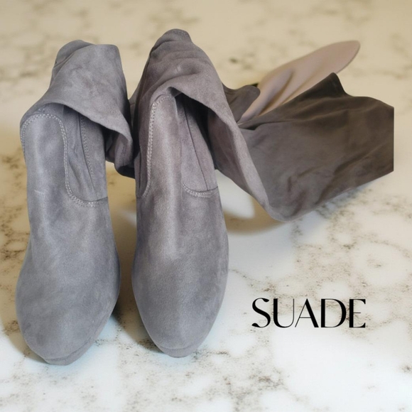 🥰🤩 GRAY SUADE PUSH DOWN KNEE HIGH STRETCH BEAUTIFUL BOOTS 👢 😍 - Picture 1 of 8